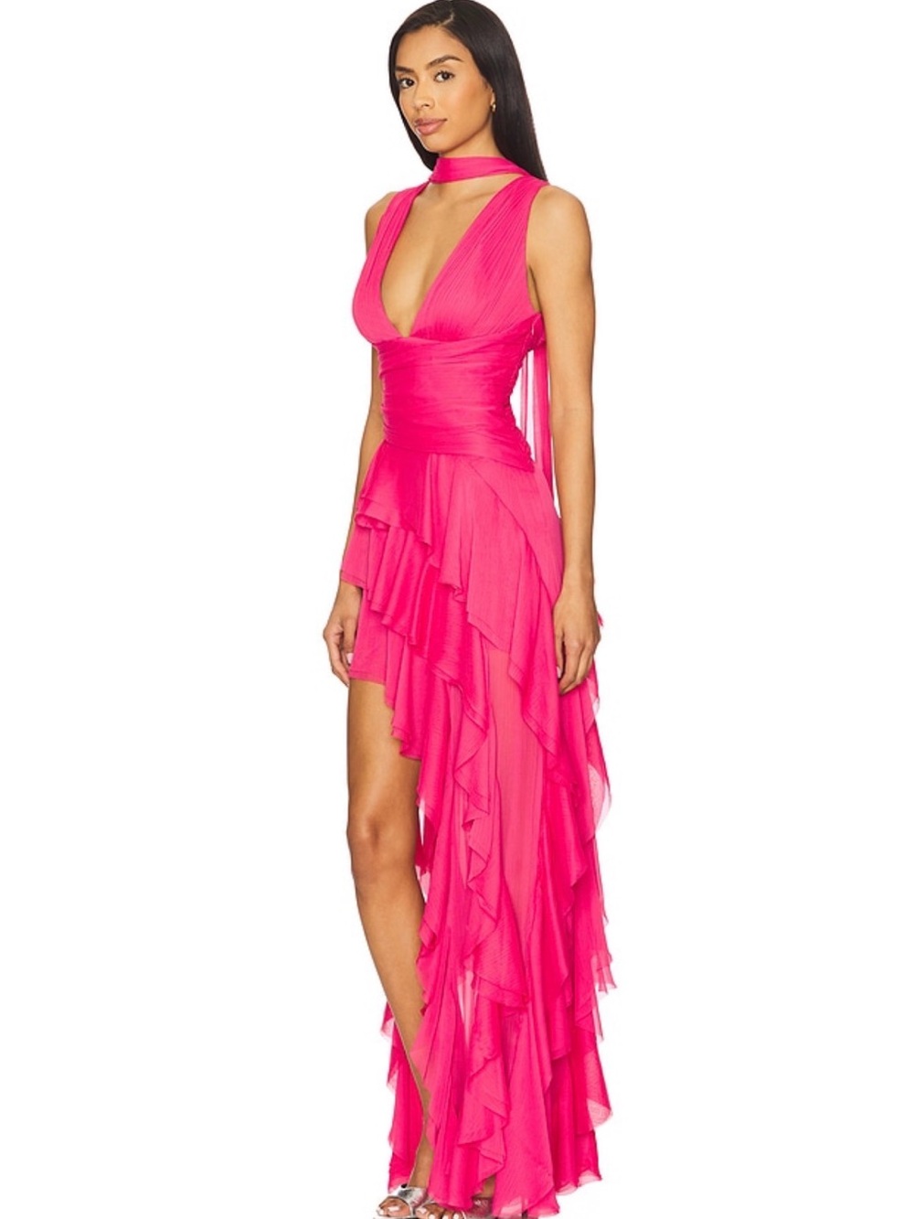Alice + Olivia Vibrant Hot Pink Ruffled High-Low Gown